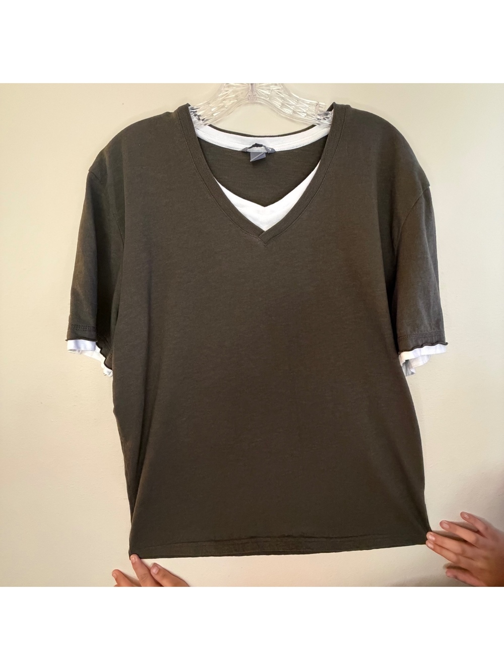 H&M Two-Layer Look Olive Green and White V-Neck Women’s T-Shirt